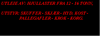 Text Box: UTLEIE AV: HJULLASTER FRA 12 - 16 TONN, UTSTYR: SKUFFER - SKJÆR - HYD. KOST -                 PALLEGAFLER - KROK - KORG.